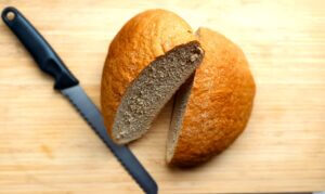 Rye bread on a wooden plate