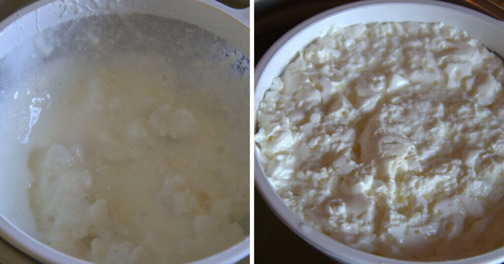 Side-by-side comparison showing active milk kefir grains in a strainer on the left, and thick, fully cultured milk kefir in a bowl on the right—highlighting the transformation during fermentation.