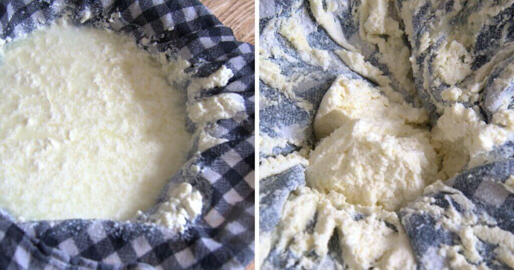 Side-by-side comparison showing the curds before and after straining through a cloth to make homemade cream cheese.