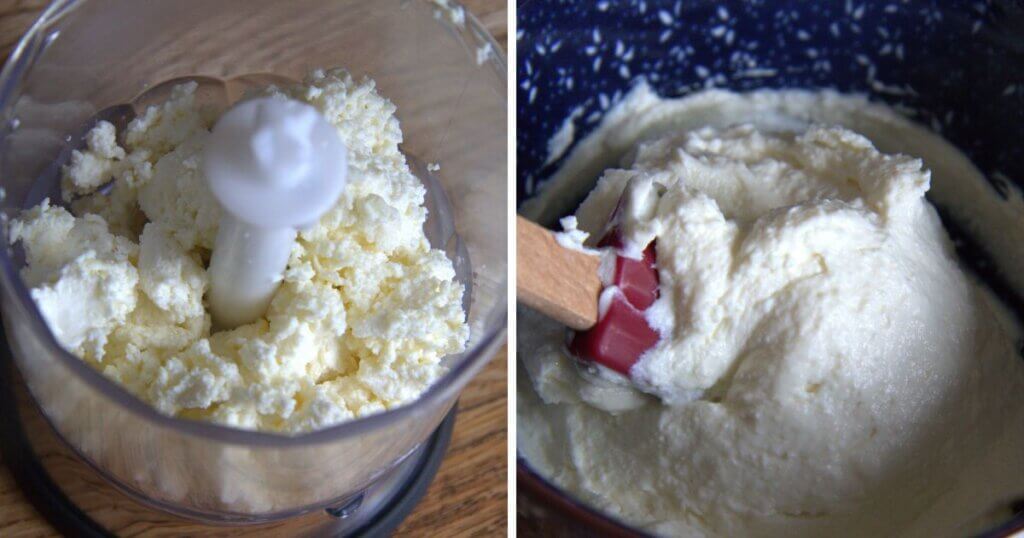 Side-by-side comparison of strained curds in a food processor and the resulting smooth homemade cream cheese after blending.